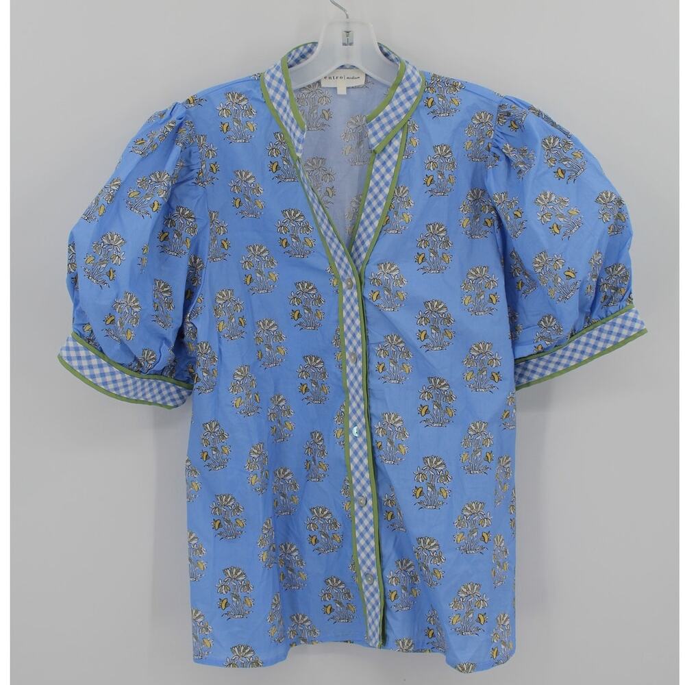 Entro Blue Printed Puff Sleeve Top Size Medium Flora V Neck - Picture 2 of 6